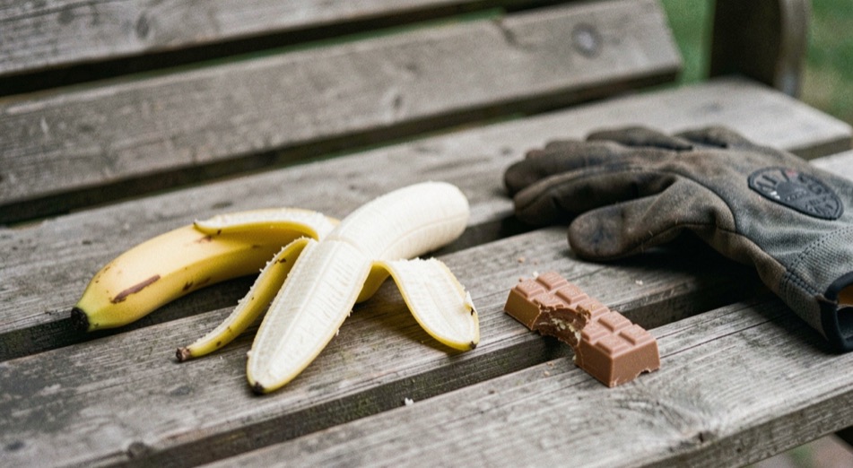 Eine halb geschälte Banane und ein angebrochener Riegel liegen auf der Holzbank neben einem Handschuh.