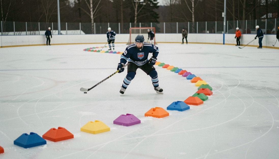 Ein Parcours aus Hütchen steht auf der Eisfläche, ein Spieler fährt in engen Bögen zwischen ihnen hindurch.