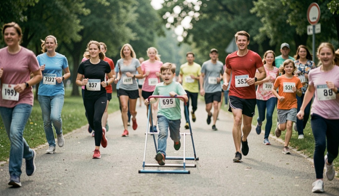 Beim Publikumslauf drehen Familien und Jugendliche gemischt ihre Runden, in der Mitte übt ein Kind mit Laufhilfe.